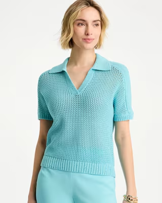 NWT Chico's Sequin Pointelle Pullover Polo Sweater