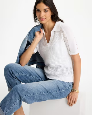 NWT Chico's Sequin Pointelle Pullover Polo Sweater